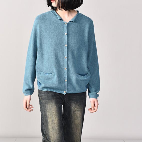 Aesthetic light blue knitted t shirt oversize single-one knit sweat tops v neck - Omychic