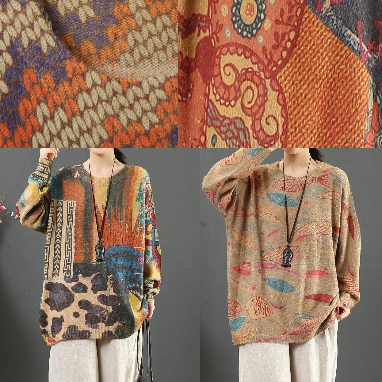 Aesthetic prints two box top wild oversize o neck knitted blouse - Omychic