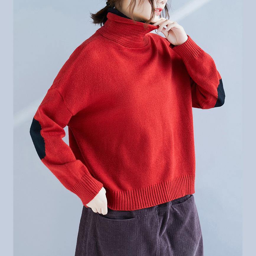 Aesthetic red knitted pullover casual high neck knitwear - Omychic
