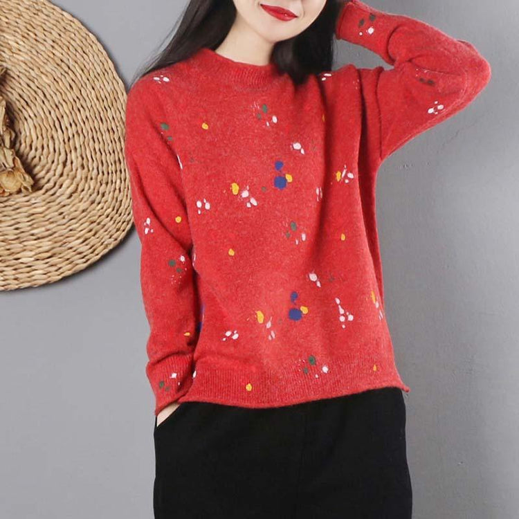 Aesthetic red print knitted t shirt plus size o neck knitwear long sleeve - Omychic