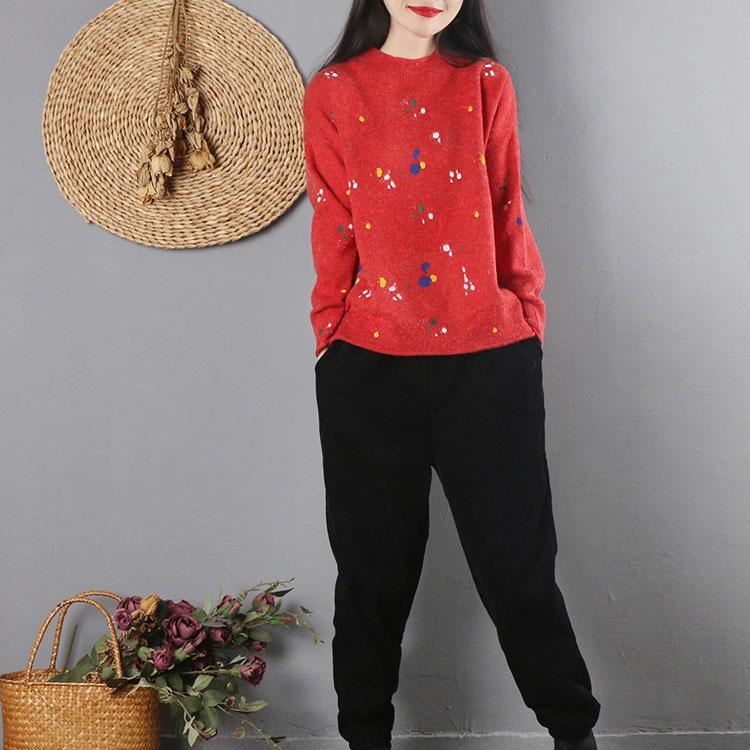 Aesthetic red print knitted t shirt plus size o neck knitwear long sleeve - Omychic