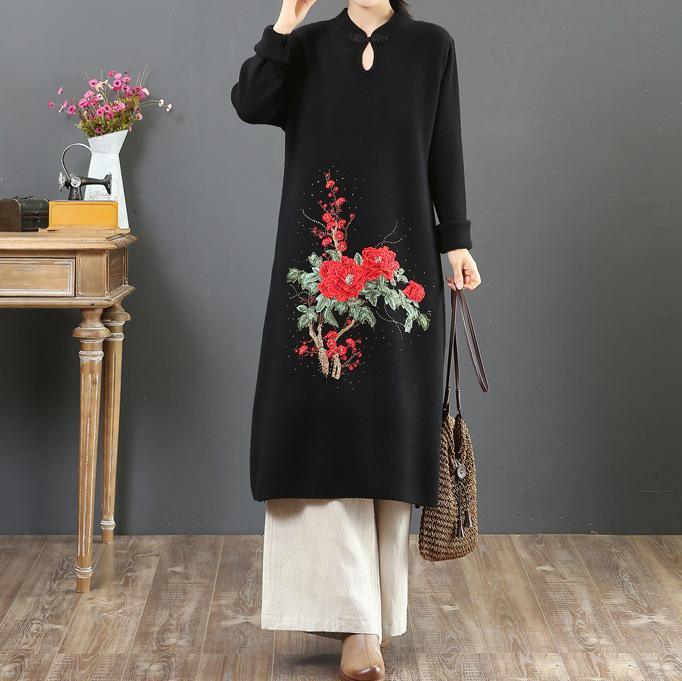 Aesthetic stand collar Sweater embroidery weather Largo black Tejidos sweater dresses - Omychic