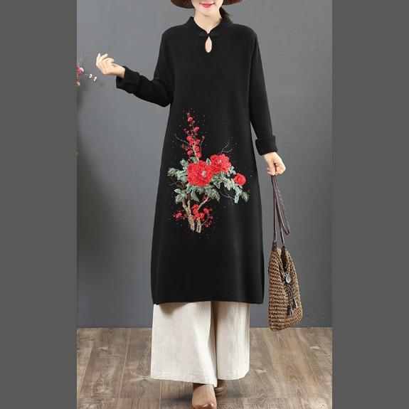 Aesthetic stand collar Sweater embroidery weather Largo black Tejidos sweater dresses - Omychic