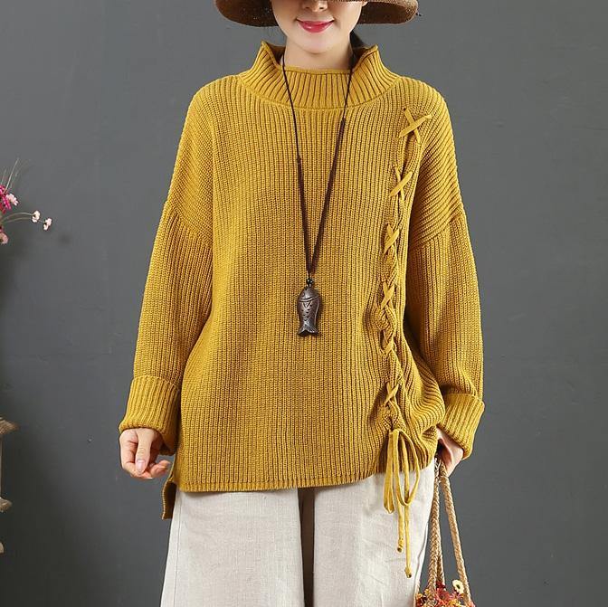 Aesthetic yellow Sweater Blouse drawstring Loose fitting half high neck knitwear - Omychic