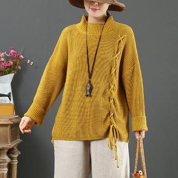 Aesthetic yellow Sweater Blouse drawstring Loose fitting half high neck knitwear - Omychic