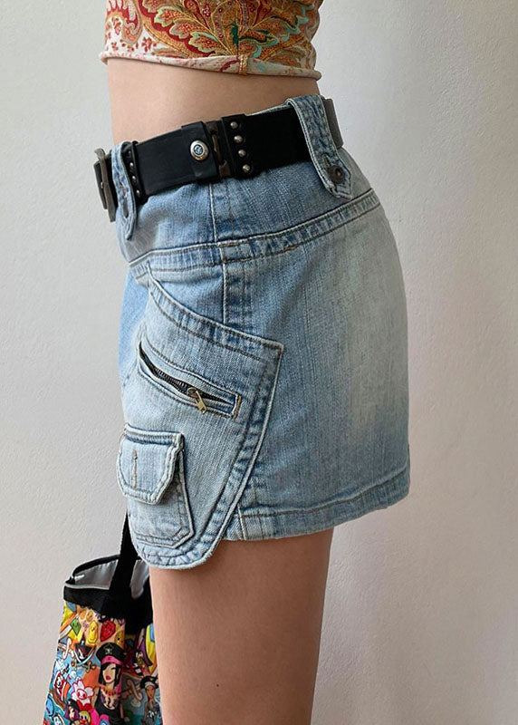 American Style Blue Pockets Zippered Patchwork Sexy Denim Skirt Fall