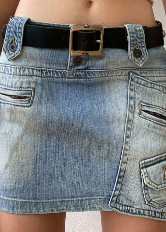 American Style Blue Pockets Zippered Patchwork Sexy Denim Skirt Fall