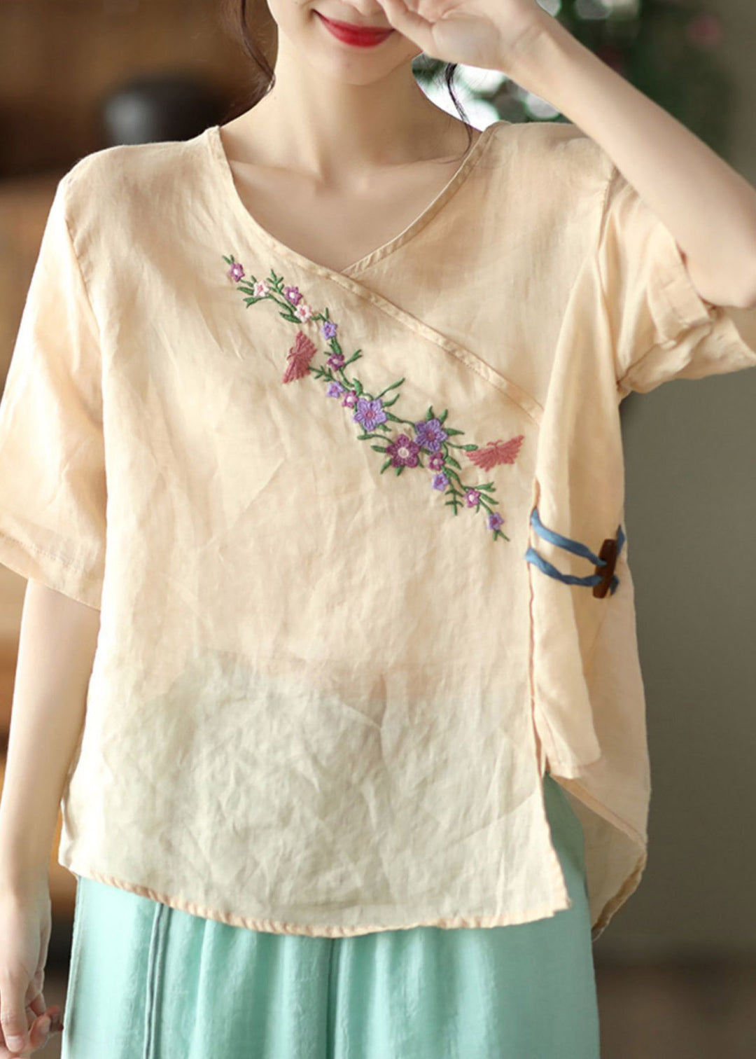 Apricot Asymmetrical Drawstring Linen T Shirt Half Sleeve