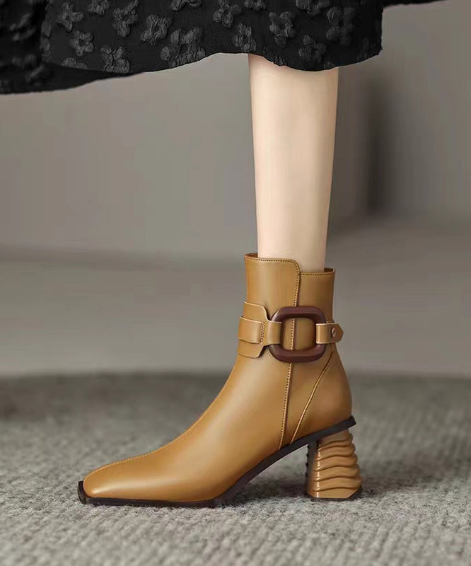 Apricot Boots Chunky Heel Faux Leather Unique Splicing