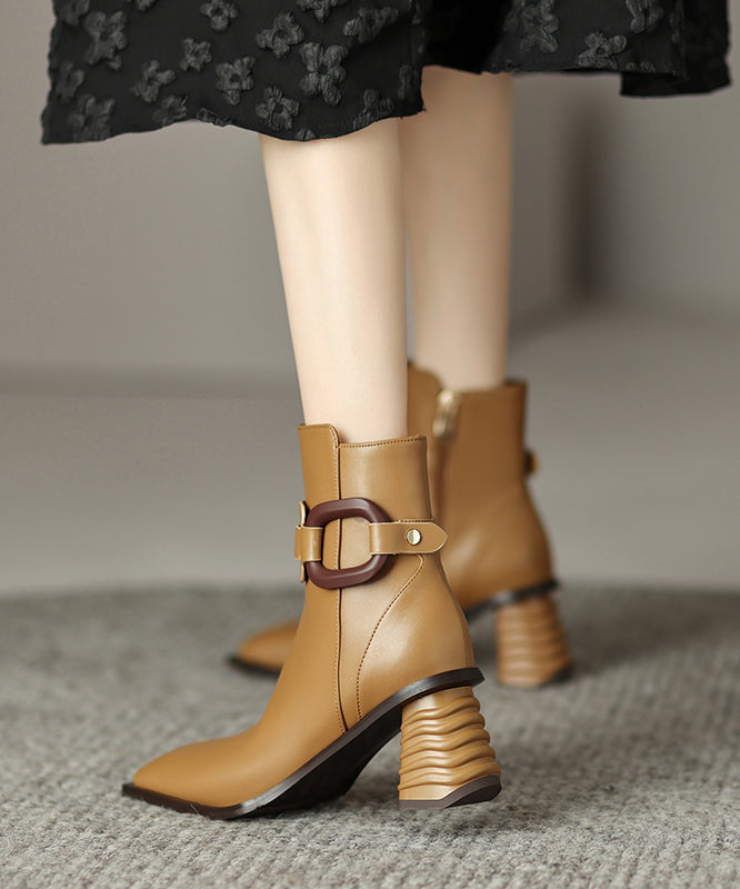 Apricot Boots Chunky Heel Faux Leather Unique Splicing