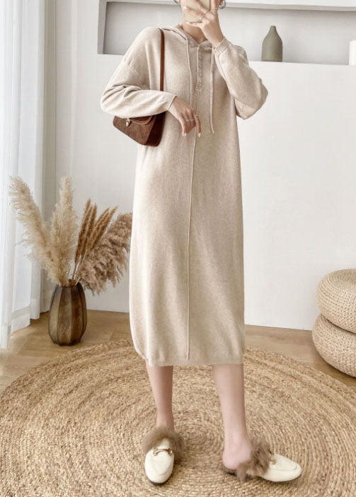 Apricot Button Knitted Dress Cinched Winter