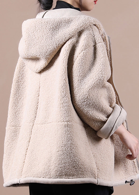 Apricot Drawstring Faux Fur Hooded Coats Fall