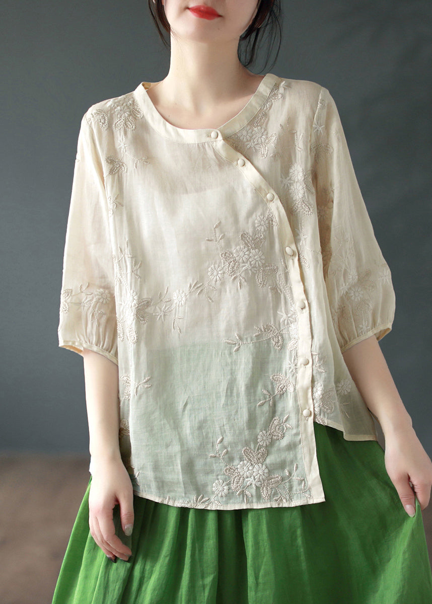 Apricot Embroidered Patchwork Linen Blouses O Neck Half Sleeve