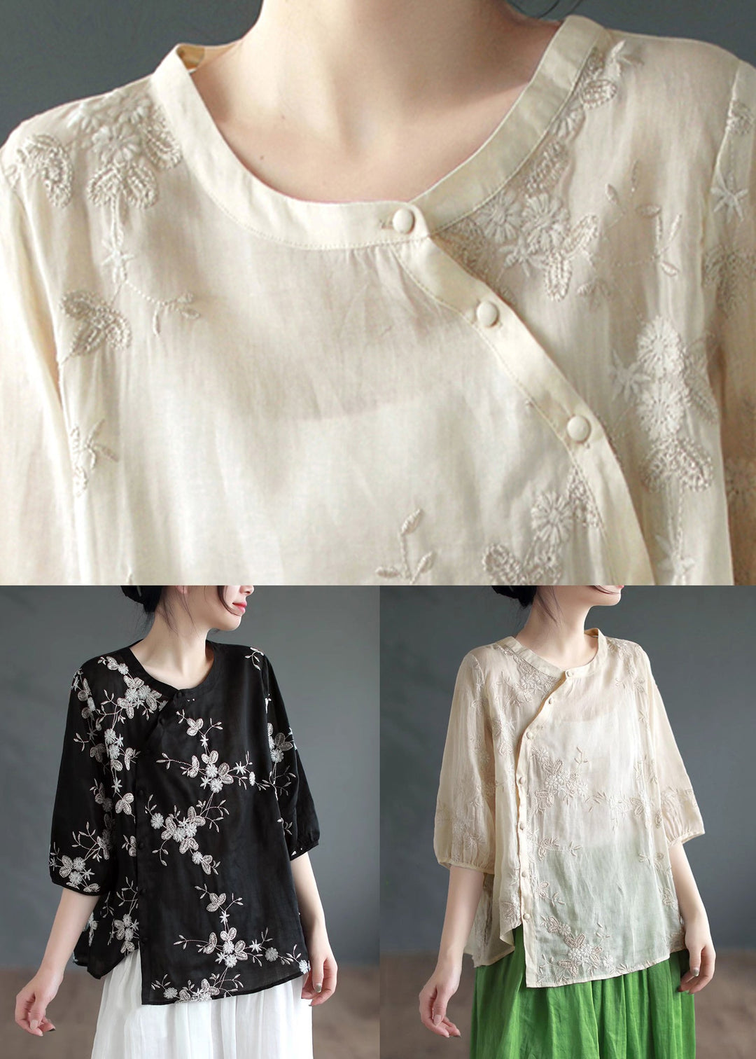 Apricot Embroidered Patchwork Linen Blouses O Neck Half Sleeve