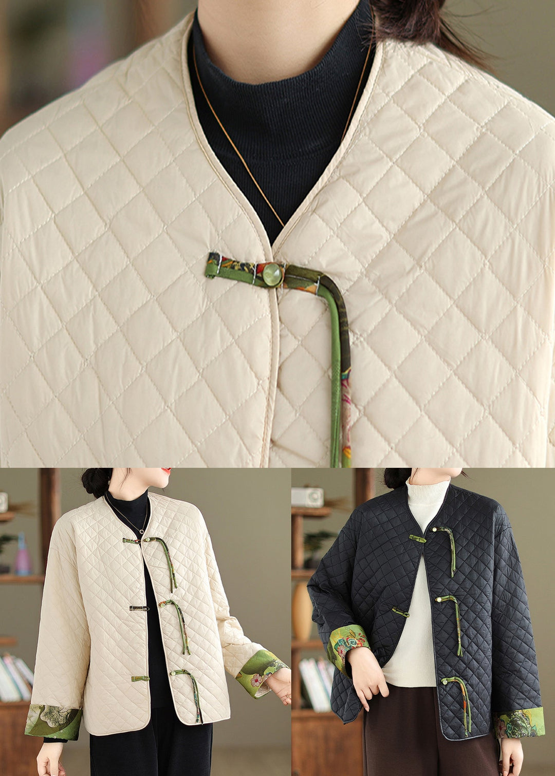 Apricot Patchwork Fine Cotton Filled Coat Tasseled Chinese Button Winter
