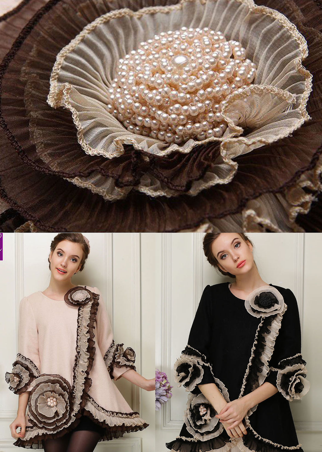 Apricot Patchwork Floral Woolen Coats Ruffled Nail Bead Spring