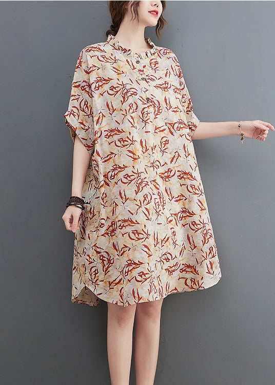 Apricot Patchwork Holiday Dress Button Ruffled Short Sleeve