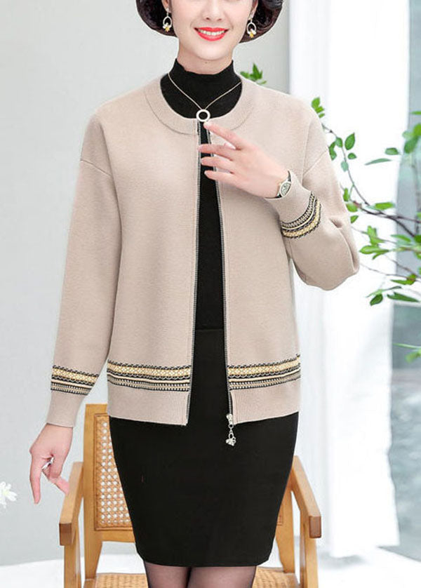 Apricot Patchwork Woolen Jackets O-Neck Embroideried Long Sleeve
