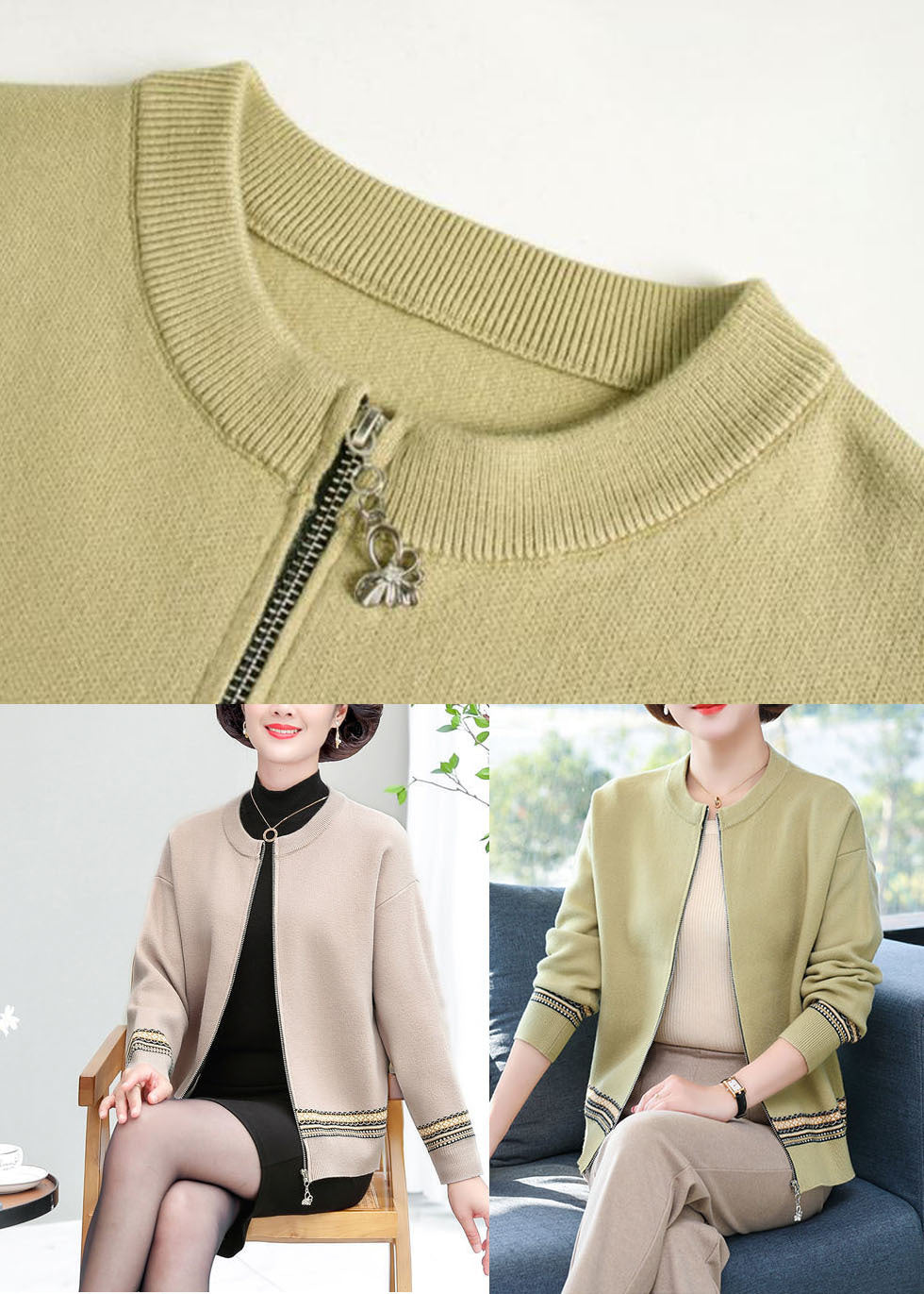 Apricot Patchwork Woolen Jackets O-Neck Embroidered Long Sleeve