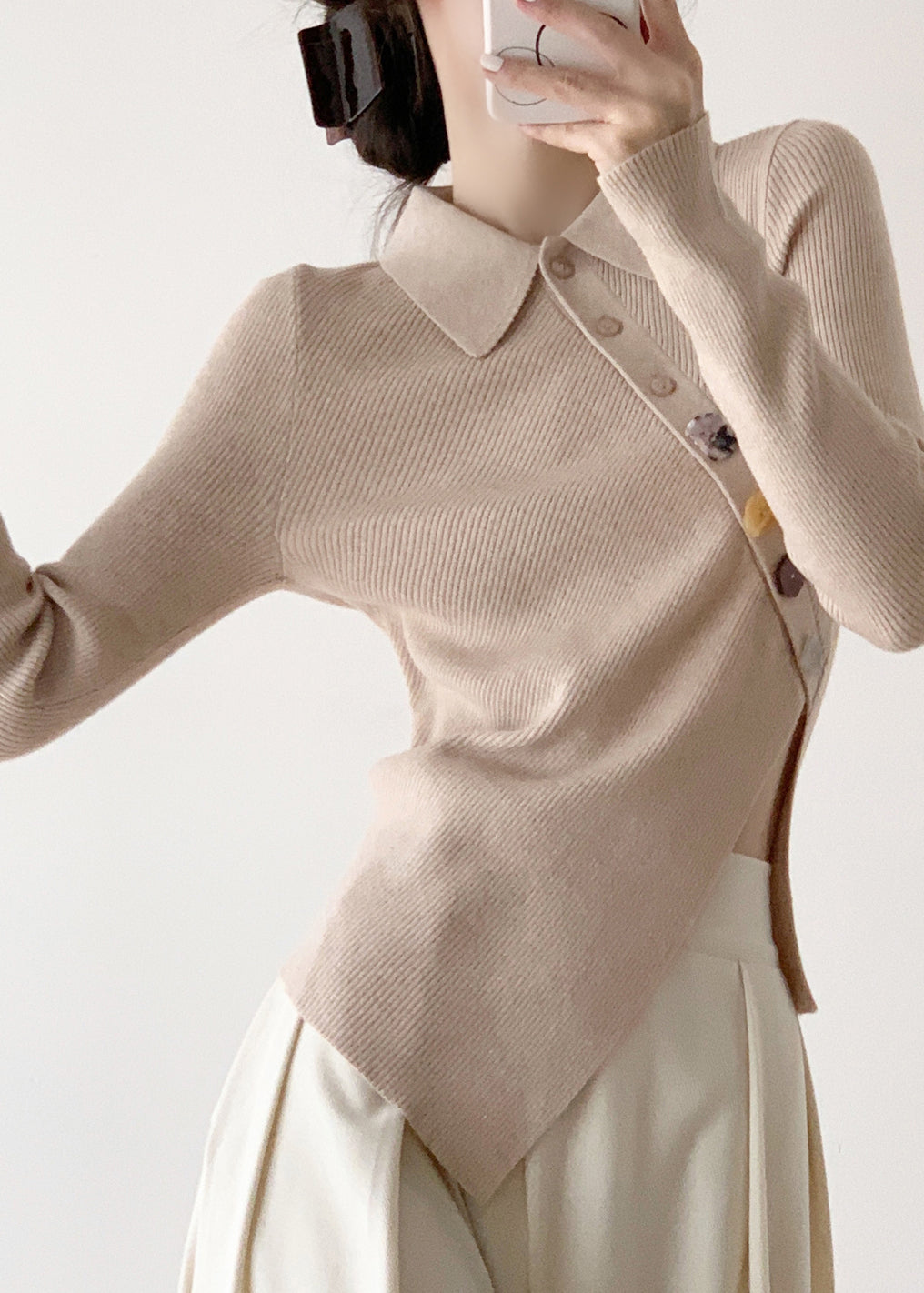 Apricot Peter Pan Collar Button Knit Pullover Long Sleeve
