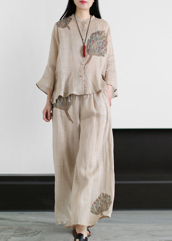 Apricot Pocket Linen Tops And Wide Leg Pants Two Piece Set Women Clothing Ruffles flare sleeve