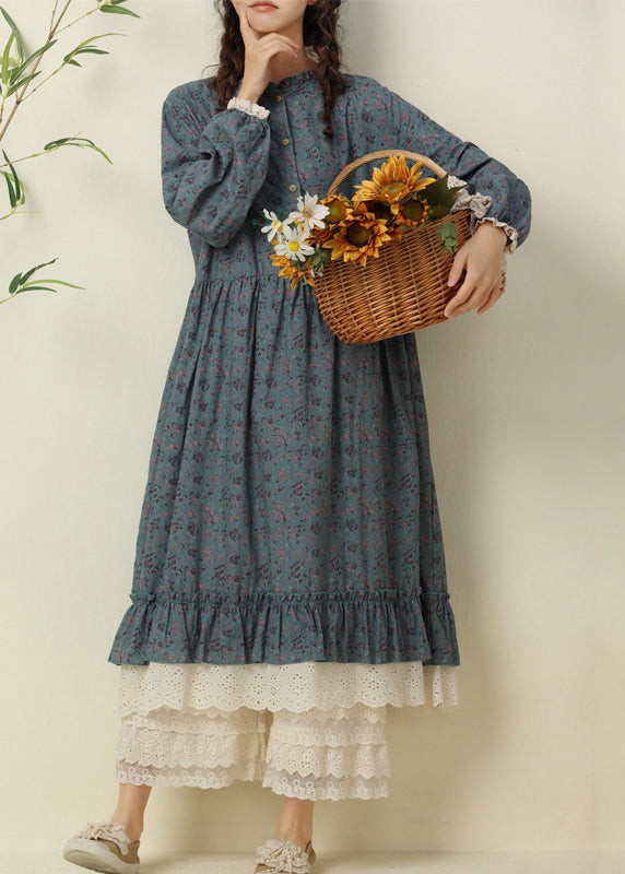 Apricot Pockets Patchwork Cotton Dress O Neck Long Sleeve