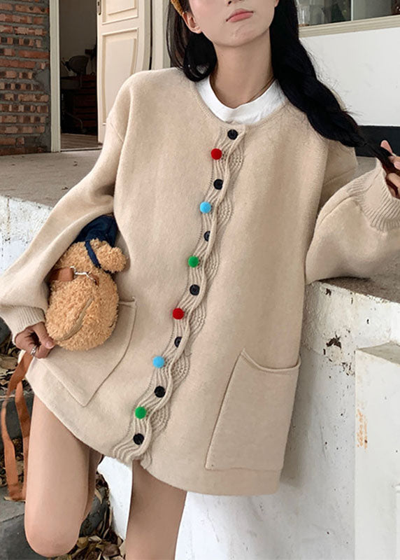Apricot Pockets Patchwork Cotton Knit Sweaters Coat Long Sleeve