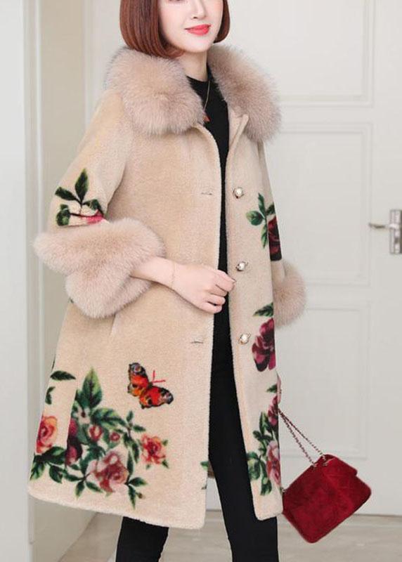 Apricot Print Button Thick Winter Long sleeve Coat - Omychic