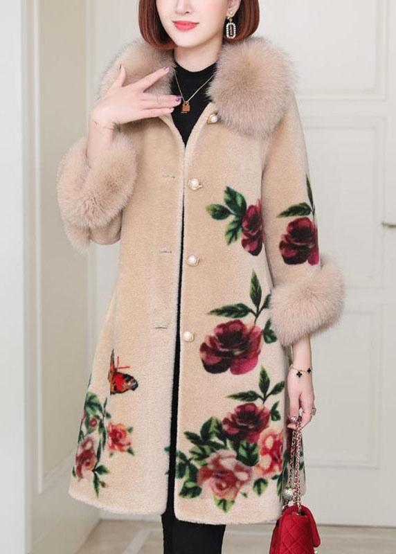 Apricot Print Button Thick Winter Long sleeve Coat - Omychic