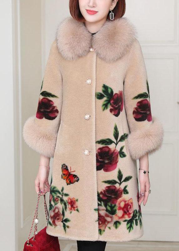 Apricot Print Button Thick Winter Long sleeve Coat - Omychic