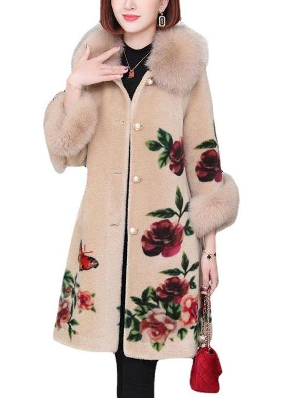 Apricot Print Button Thick Winter Long sleeve Coat - Omychic