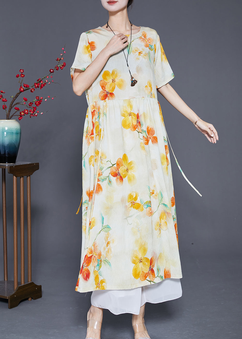 Apricot Print Linen Dress Oversized Exra Large Hem Summer