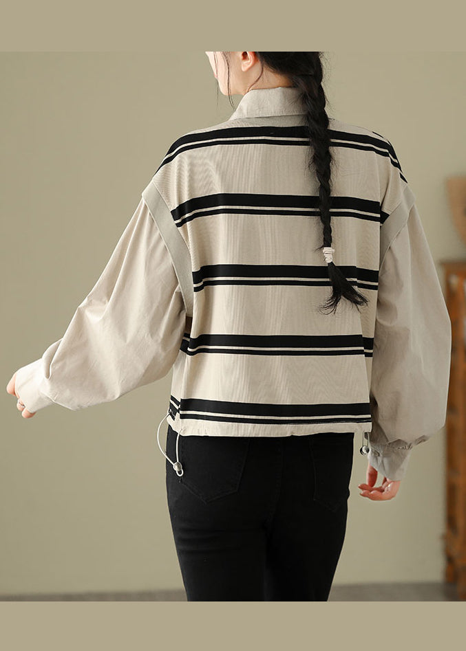 Apricot Striped Patchwork Cotton Shirt False Two Pieces Fall