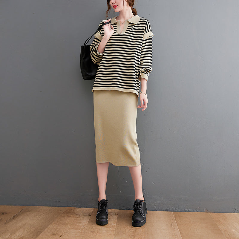 Apricot Striped Patchwork Knit Top Wraped Skirt Two Piece Set Outfits Long Sleeve
