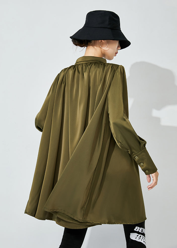 Army Green Draping Silk Shirt Top Oversized Wrinkled Spring