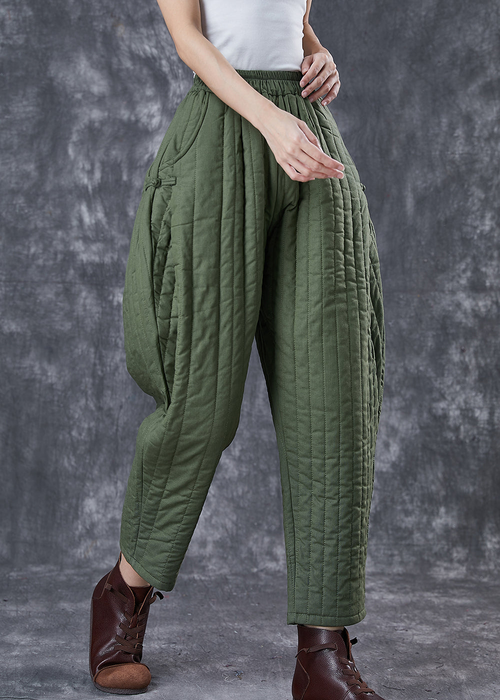 Army Green Fine Cotton Filled Harem Pants Oversized Oriental Winter