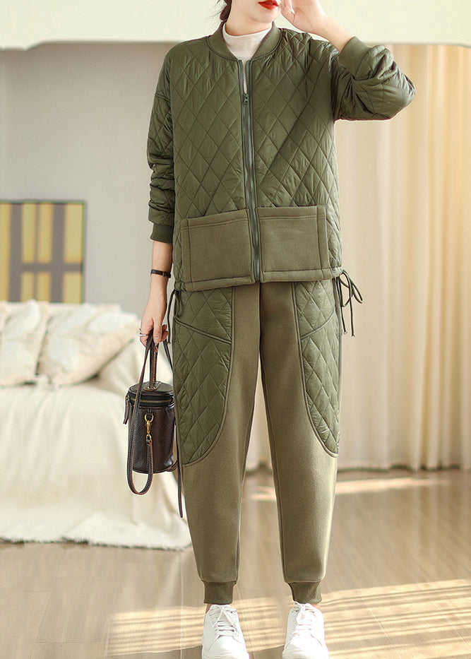 Army Green Fine Cotton Filled Two Piece Set Cinched Pockets Winter