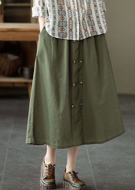 Army Green Pocket Patchwork Cotton A Line Skirt Spring
