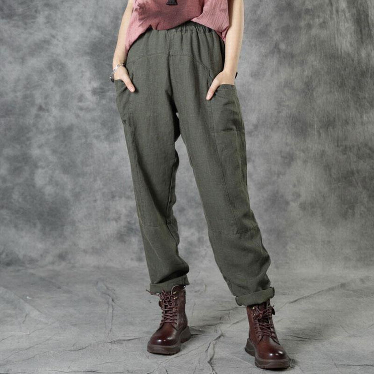 Army Green Pockets Patchwork Fall Straight Linen Pants - Omychic