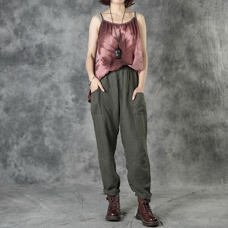 Army Green Pockets Patchwork Fall Straight Linen Pants - Omychic