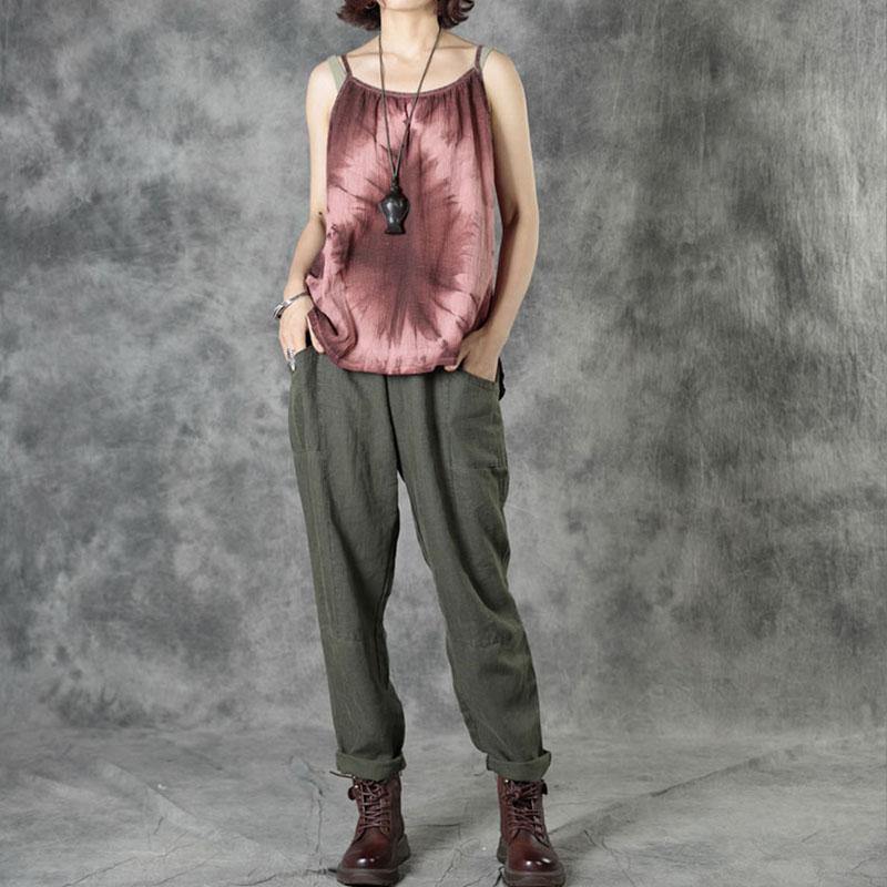 Army Green Pockets Patchwork Fall Straight Linen Pants - Omychic