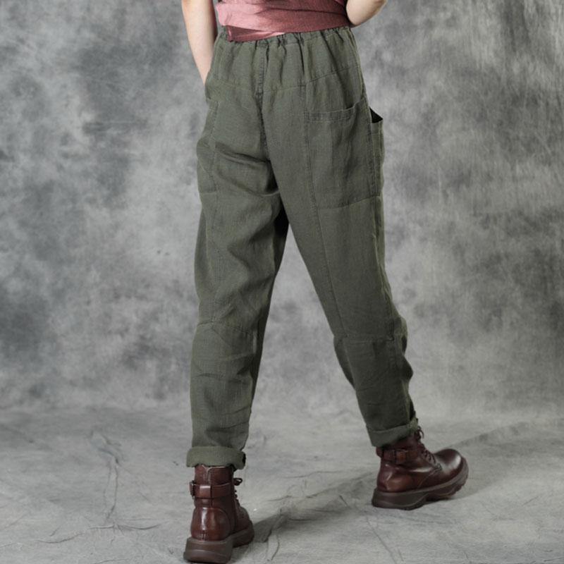 Army Green Pockets Patchwork Fall Straight Linen Pants - Omychic