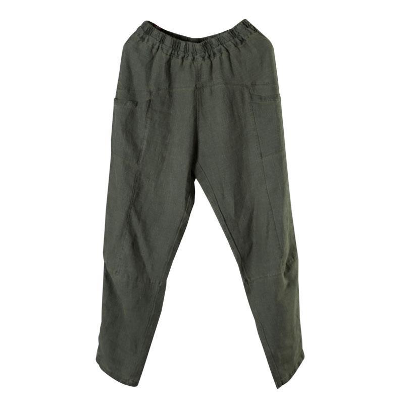 Army Green Pockets Patchwork Fall Straight Linen Pants - Omychic