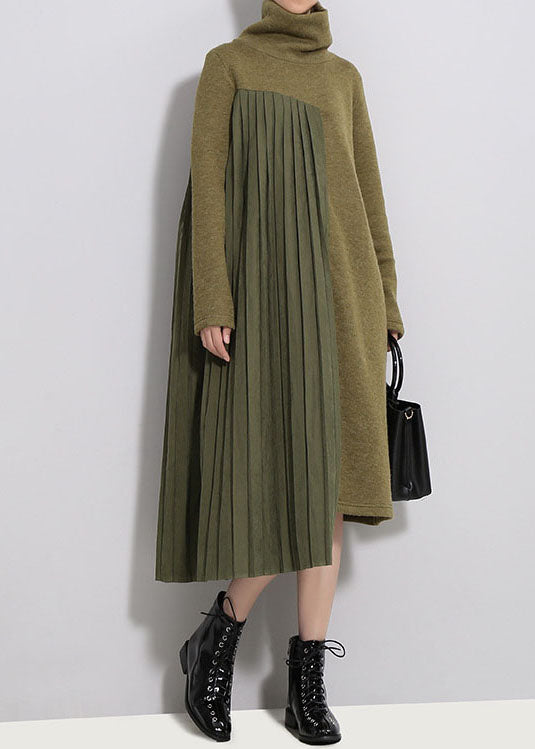 Army Green Silk Patchwork Thick Knit Dress Spring