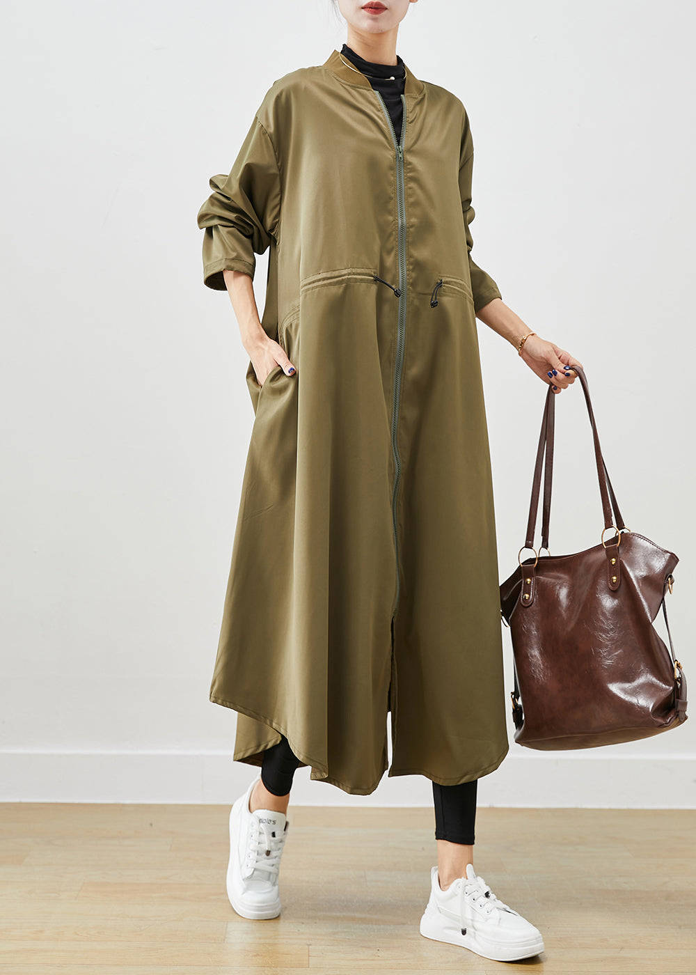 Army Green Spandex Trench Coats Zip Up Drawstring Fall