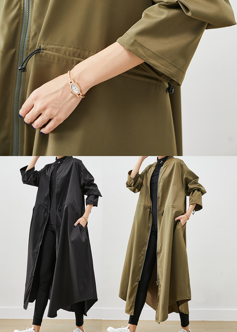 Army Green Spandex Trench Coats Zip Up Drawstring Fall