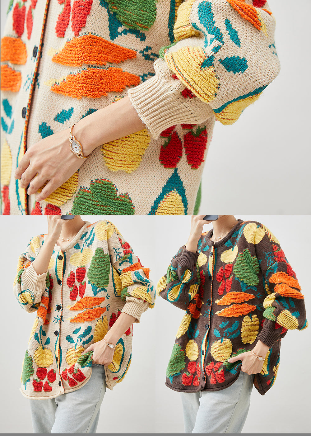 Art Apricot Oversized Jacquard Knit Cardigans Winter