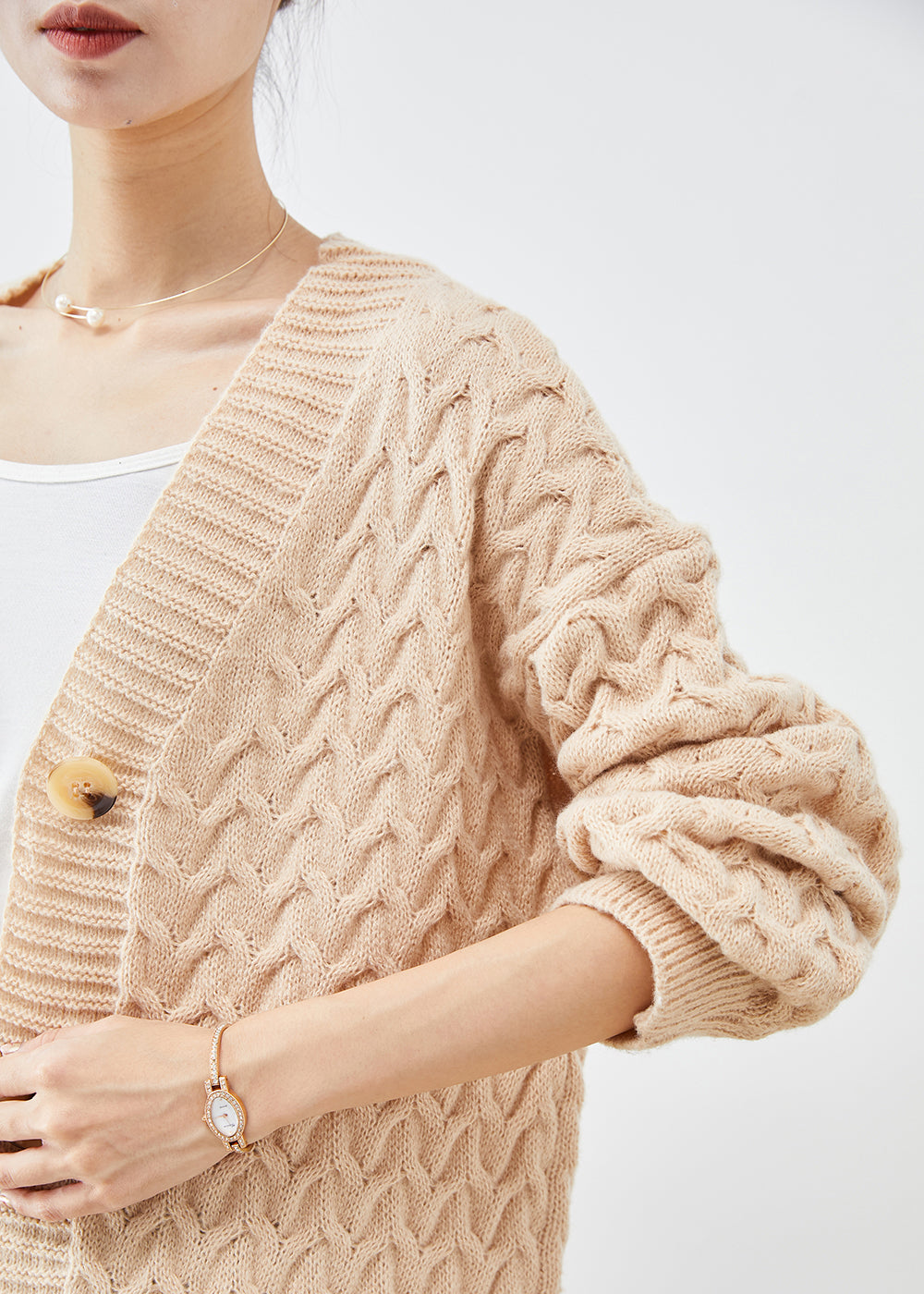 Art Beige Button Down Warm Cable Knit Loose Coat Fall