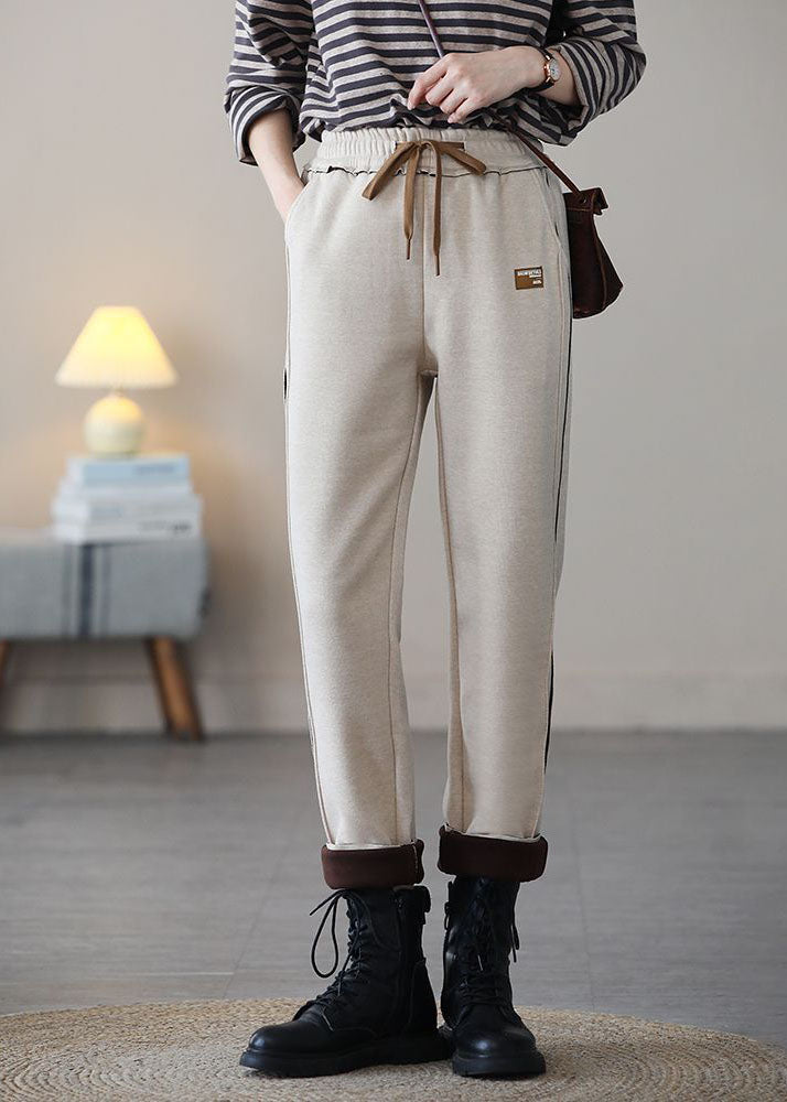 Art Beige Elastic Waist Patchwork Applique Warm Fleece Harem Pants Spring