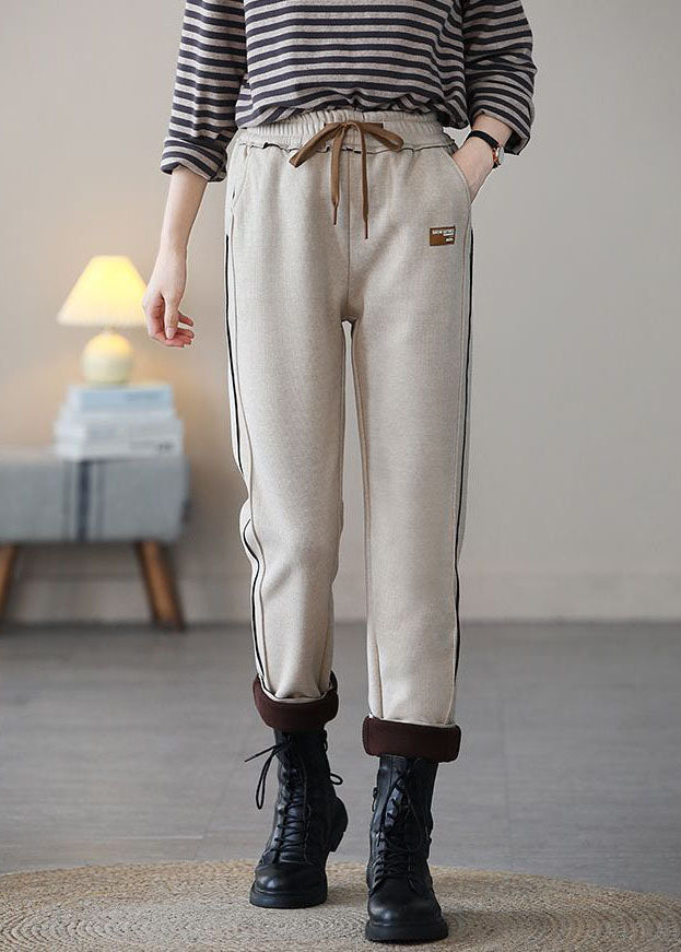 Art Beige Elastic Waist Patchwork Applique Warm Fleece Harem Pants Spring